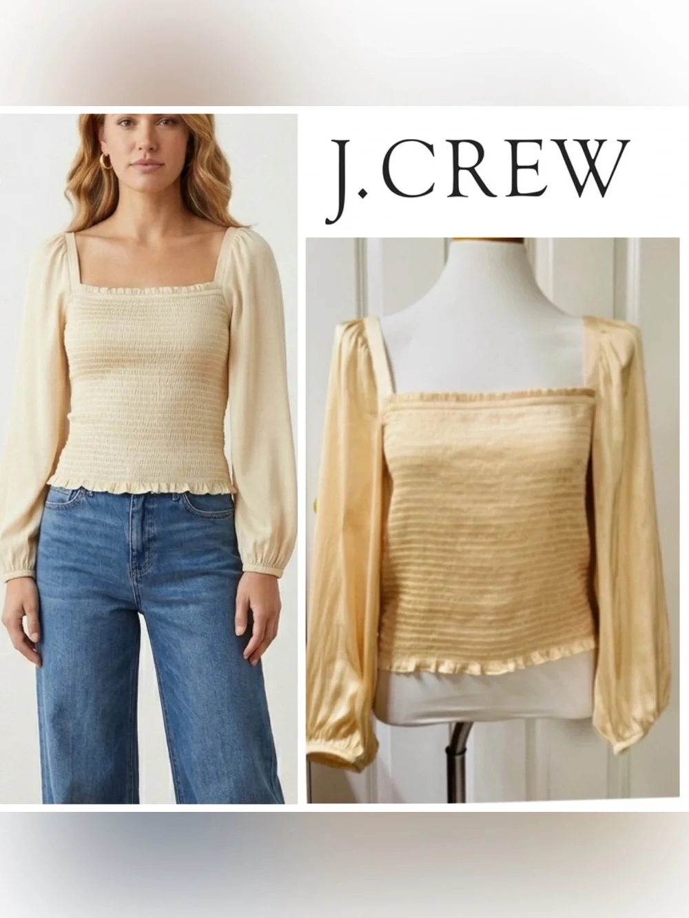 J.Crew Squareneck Smocked Satin Top
